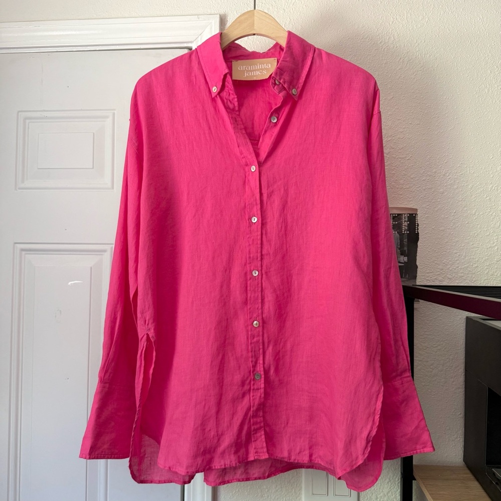 ARAMINTA JAMES pink linen long sleeve oversized button up shirt